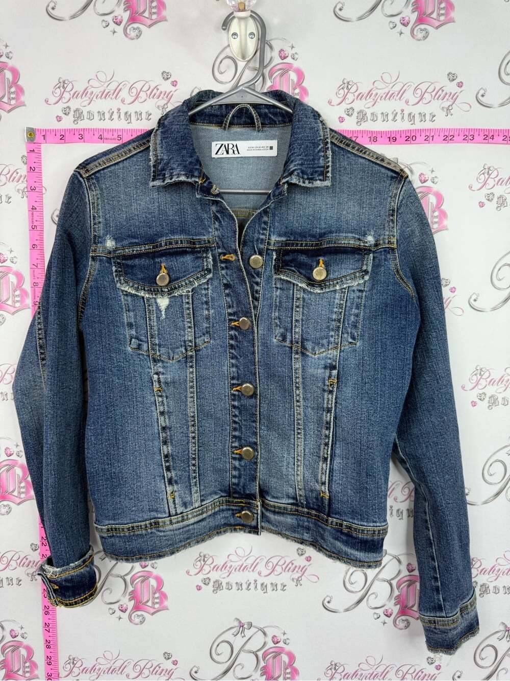 Zara Distressed Medium Blue Denim Trucker Jacket